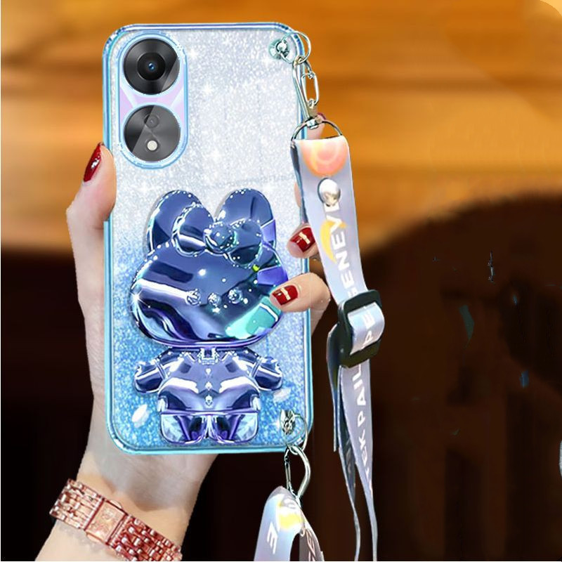 เคส Oppo A18 A38 A98 A17 A17K A58 A78 A77S A77 4G 5G A96 A95 A57 A76 A74 4G 5G 2022 สายรัดข้อมือยาวสไตล์กระต่ายเครื่องสําอางที่วางยึดกระจกหรูหราเคสโทรศัพท์ tpu นุ่มฝาหลัง