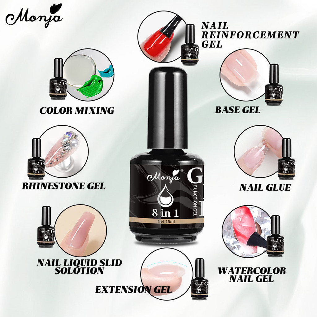 Monja กาวเจล 8 in 1 สารพัดประโยชน์ เบส-ท๊อป-ต่อเล็บ Pvc ขวดเดียวครบจบทุกงาน ขนาด 15ml