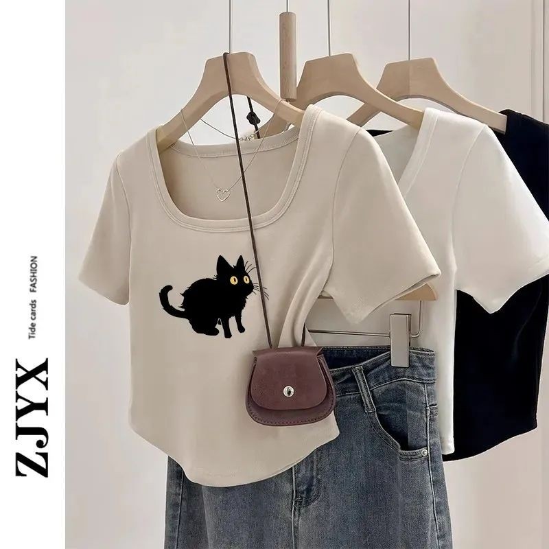 เสื้อยืดแขนสั้นคอสี่เหลี่ยมผู้หญิงฤดูร้อนเสื้อผ้าบางเฉียบลายแมวน่ารัก