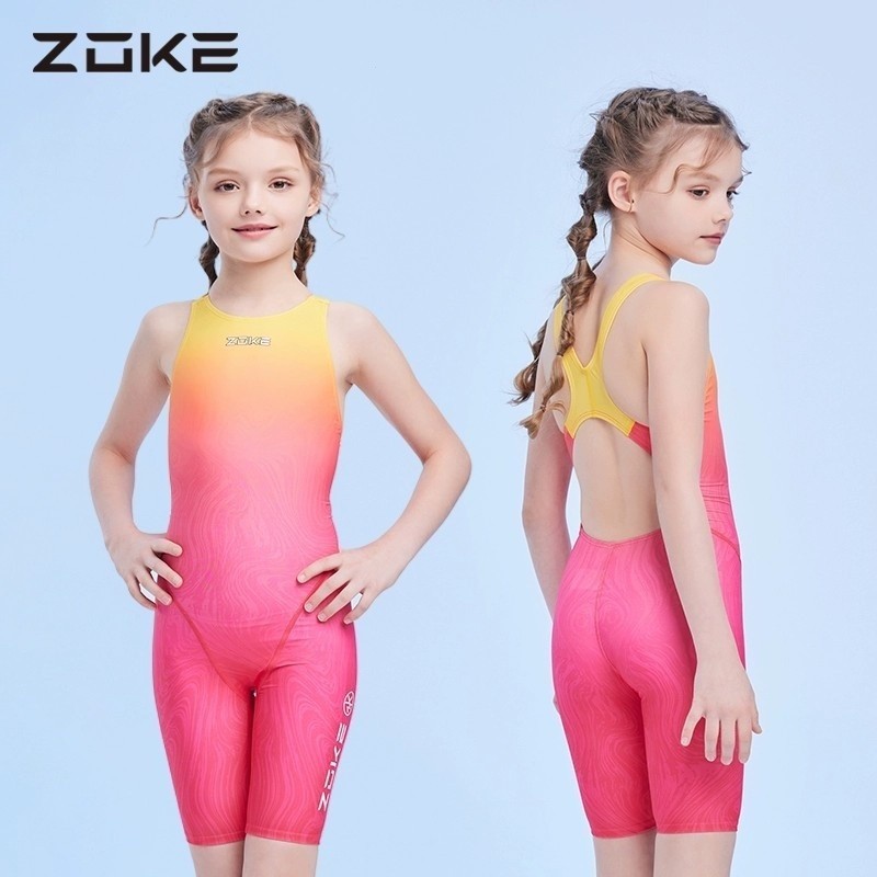Zoke สาวการฝึกอบรมชุดว่ายน้ําเด็กการแข่งขัน Kneesuit Spandex รอบคอชุดว่ายน้ําแบบสปอร์ตสําหรับการฝึกอบรมและปรับปรุงประสิทธิภาพ