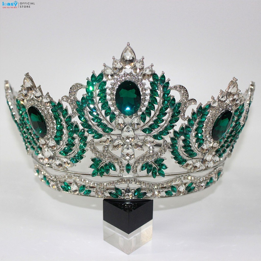 ผู้หญิง High-End Full Crown มงกุฎใหญ่ Sparkly Rhinestones ผมปรับ Tiara