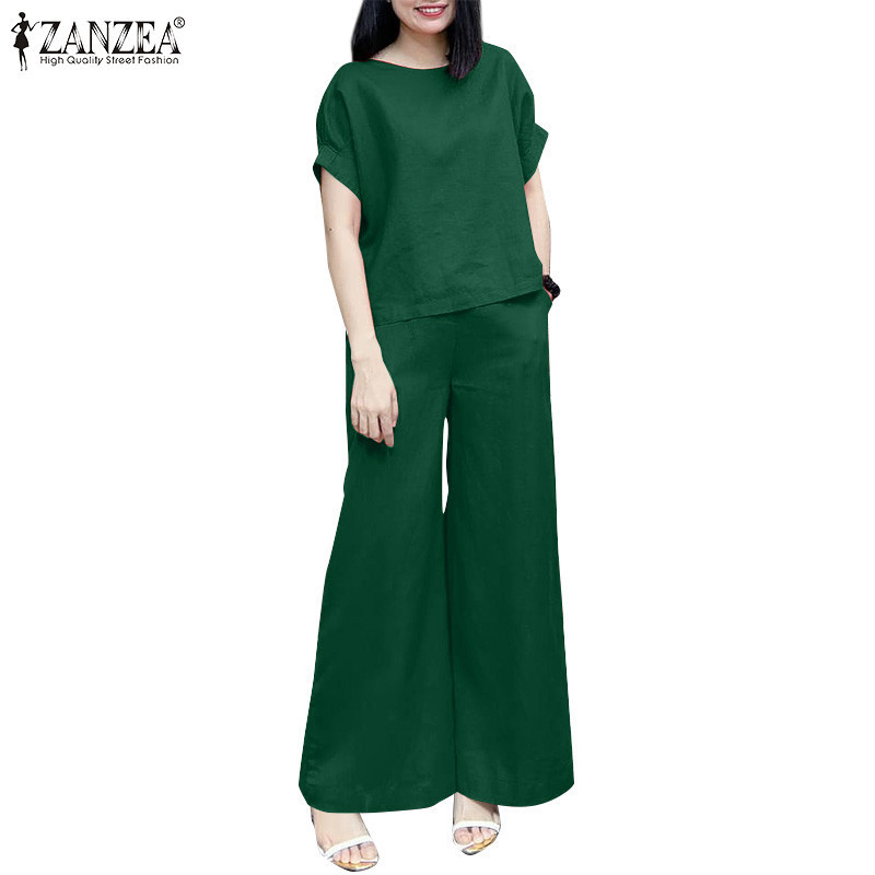 ZANZEA ซานเซีย เสื้อแขนสั้นคอ โอ หลวมสําหรับผู้หญิง + กางเกงเอวยางยืดชุดลําลอง