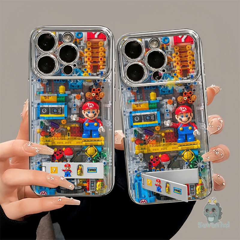 ปลอกสําหรับ ไอโฟน 11 6ส บวก 16 15 14 13 12 มือโปร X เอ็กซ์อาร์ Xs สูงสุด 7 8 6 น่ารักซูเปอร์มาริโอบล็อกพิมพ์กรณีโทรศัพท์ + ผู้ถือชุบหรูหราคมชัดหน้าต่างกันกระแทกป้องกันปกหลัง