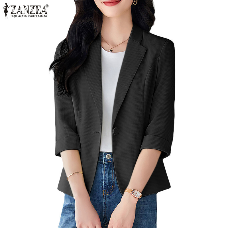 Zanzea เสื้อเบลาส์คอปกเปิดลงสีทึบเกาหลีสําหรับผู้หญิง