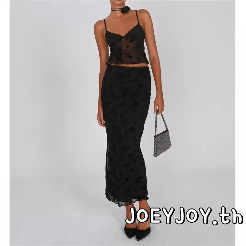Joeyjoy-ผู้หญิงฤดูร้อน 2 ชิ้นชุดดอกไม้พิมพ์คอวีสลิงเสื้อกล้าม + กระโปรงยาวชุด
