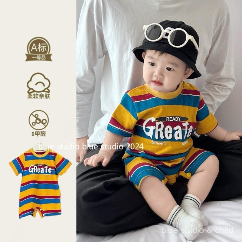 [ลายเส้นที่มีสีสัน] ฤดูร้อนเด็กบางออกไปเสื้อคลุมหลวมๆน่ารักสุดๆสไตล์ตะวันตกเด็กทารกอินเทรนด์เสื้อคลุมหลวมๆแขนสั้น