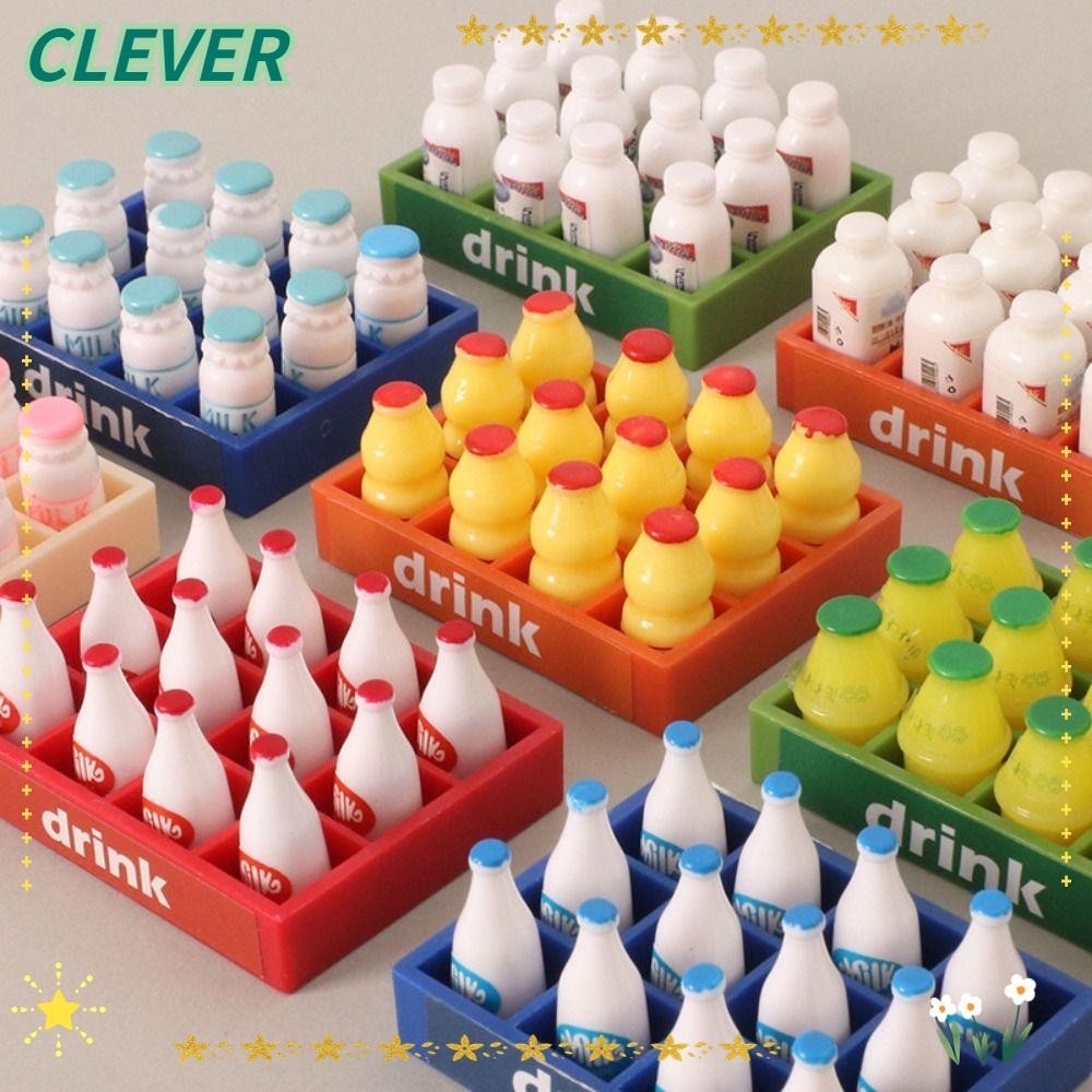 Clever นมจําลองตุ๊กตา มินิ (12 ขวด + 1 กรอบ) โมเดลการเล่นอาหาร ตกแต่งนมสมจริงตลก