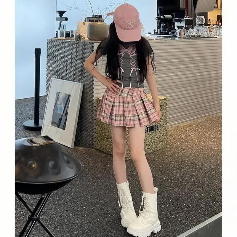 [KeDaYa] พร้อมส่ง เสื้อยืดโบว์เกาหลี กระโปรงจีบลายสก็อตสีชมพู กางเกงกระโปรงวินเทจอเมริกัน ชุดเต้นเด็ก ชุดฮิปฮอปสำหรับเด็กผู้หญิง Y2K OOTD