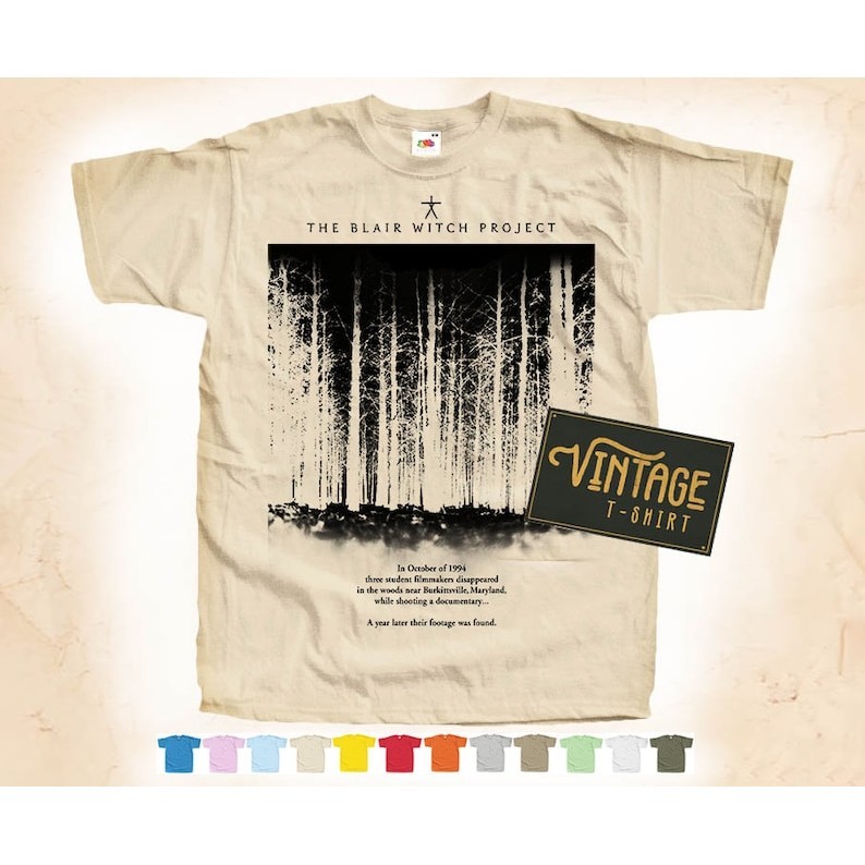 BLACK Print: Blair Witch Project V1 T shirt Tee Natural VINTAGE Cotton Movie Poster Beige วินเทจ ธรร