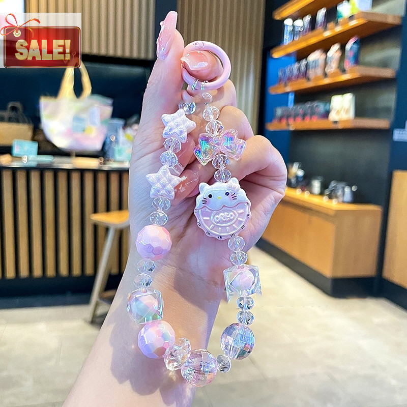 Bl Kawaii Sanrio Hello Kitty โทรศัพท์โซ่ W/การ์ด Kuromi Cinnamoroll My Melody ลูกปัดพวงกุญแจ Bowknot Anti-lost สายรัดข้อมือกระเป๋าตกแต่ง A