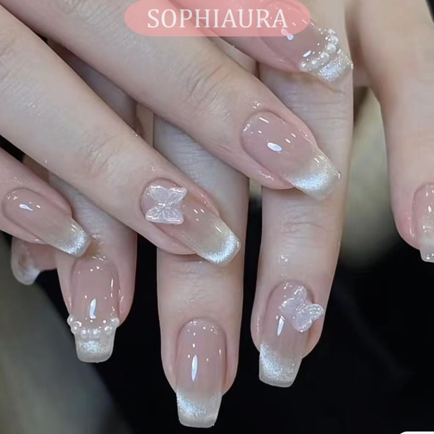 Sophiaura เล็บทําด้วยมือ Nude Cat Eye 3D ผีเสื้อสั้นรูปร่างสแควร์ Super สั้นธรรมดาออกแบบหรูหรา E เล็บปลอมนํากลับมาใช้ใหม่ทําด้วยมือกดบนเล็บเล็บ Art