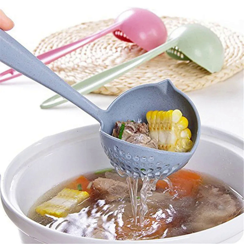 Long Handle 2 In 1 Soup Spoon Slotted Spoon Home Strainer Cooking Colander Kitchen Scoop Plastic Kit