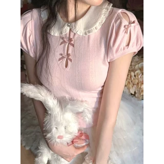 Gakki เสื้อสเวตเตอร์แขนสั้นคอตุ๊กตาหญิง เสื้อยืดไหมพรม ผ้านิ่มใส่สบาย ฟรีไซส์ พร้อมส่ง 2202#