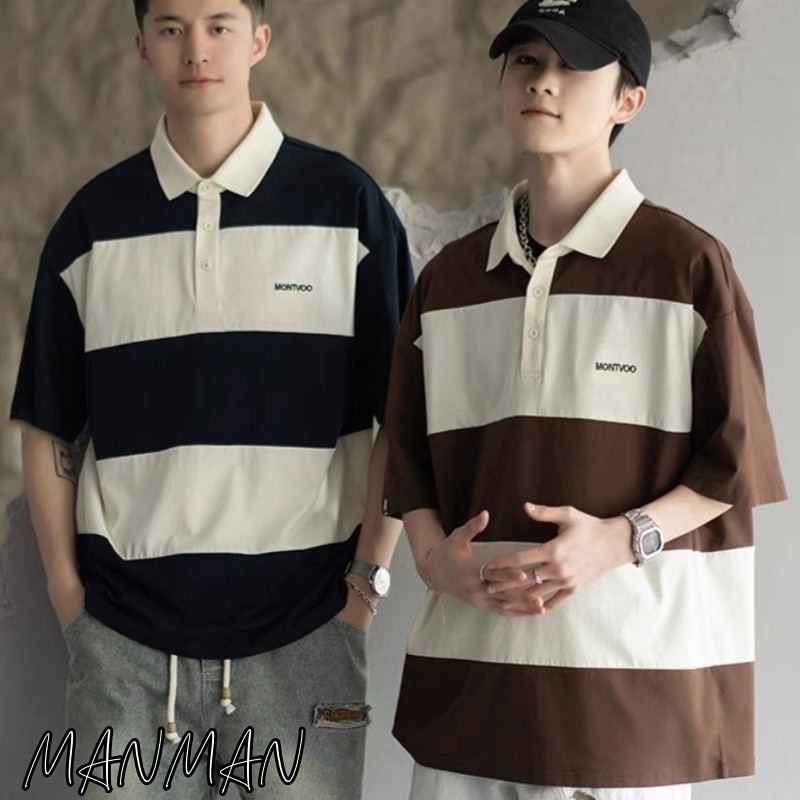 MANMAN เสื้อโปโลผู้ชาย เย็บลายทาง เสื้อคอปก ใส่ได้ทั้งชายและหญิง แบบหลวม แบบบาง