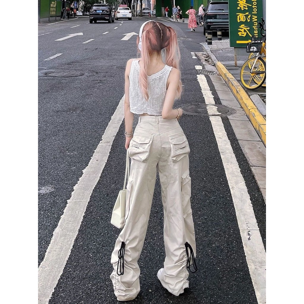 Fashion Brand New Work Clothes Spring and Summer Loose High WaistinsNiche Design Retro American Wide-Leg Pants for Women NJID