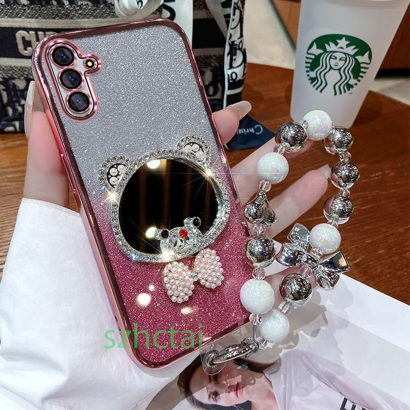เคสโทรศัพท์ Samsung A55 5G A25 5G A15 A05S A25 A35 A14 S24 A24 5G A34 A54 A13 A23 A33 A53 A02S A03S A04S A13 5G S24 Plus กระจกแต่งหน้าหูหมีมงกุฎหรูหราพร้อมเชือกเส้นเล็ก