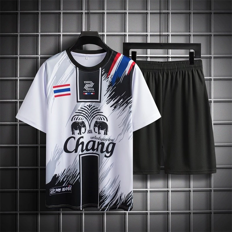 🔥สินค้าพร้อมส่ง🔥เสื้อ+กางเกง ชุดกีฬา ทผู้ชาย ชุดกีฬาผู้ชาย พร้อมกางเกงสีดำพิมพ์ลาย + ธง Logoช้าง