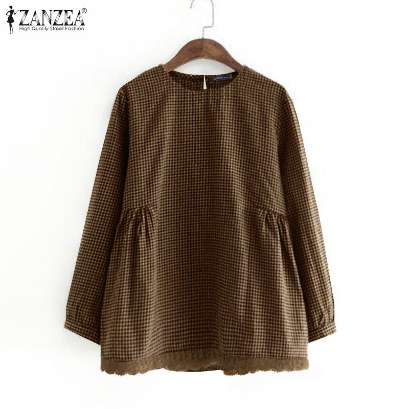 Zanzea เสื้อเบลาส์คอกลมแขนยาวลําลองเกาหลีสําหรับผู้หญิง
