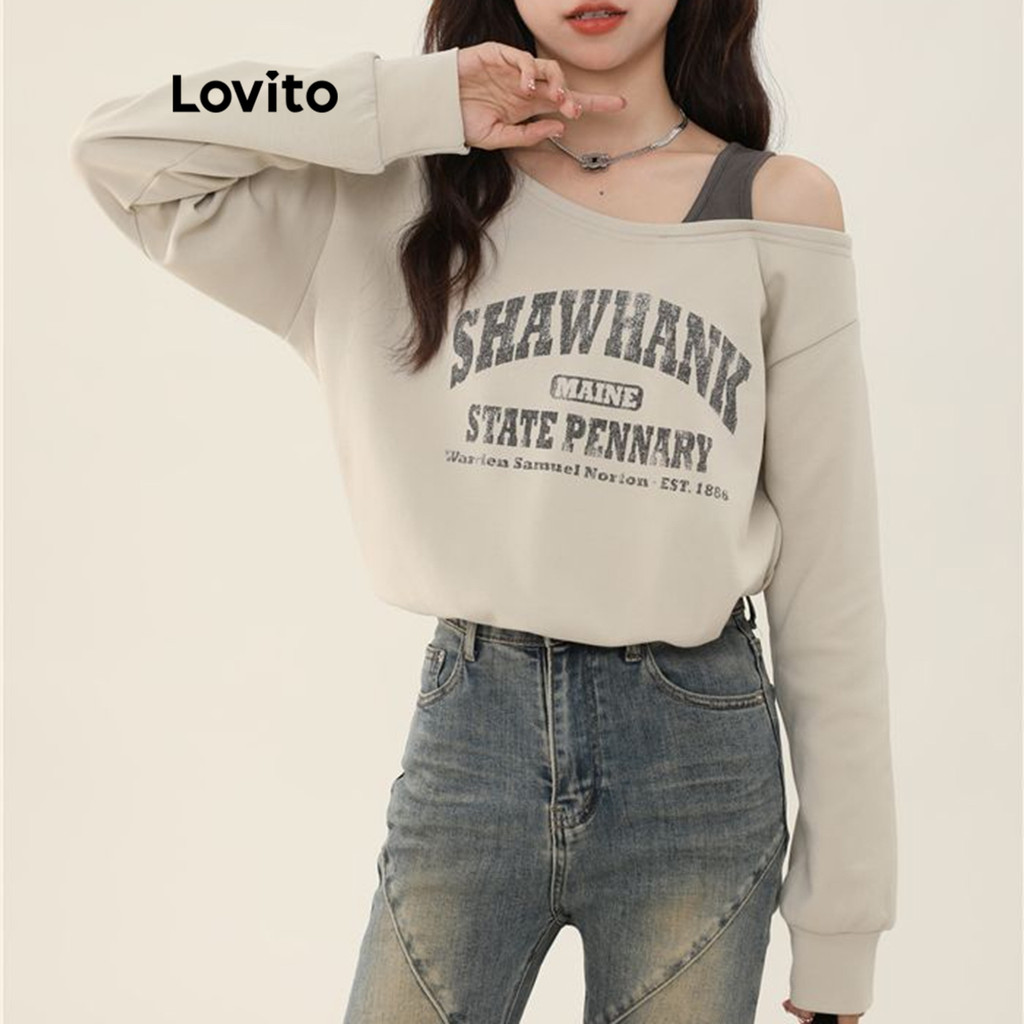 Lovito เสื้อสเวตเตอร์ไหล่เย็นตัวอักษรลำลองสำหรับผู้หญิง LNA75142