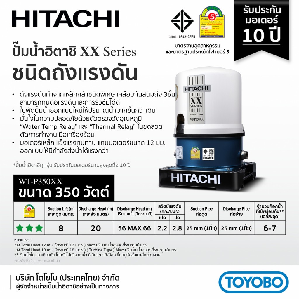 shophome468 HITACHI ปั๊มน้ำอัตโนมัติ 350W รุ่นWT-P350XX รับประกันของเเท้