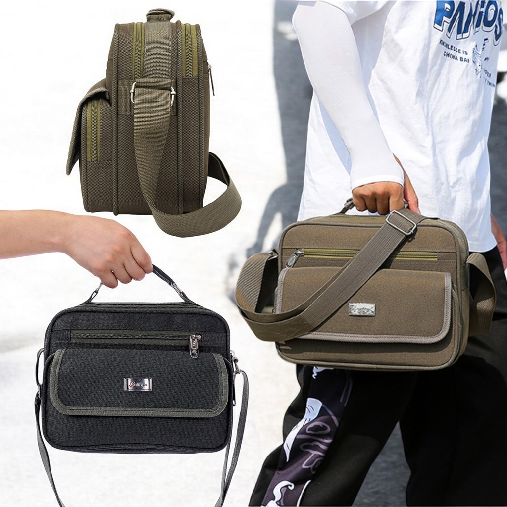 (w102) กระเป๋าสะพายข้างผู้ชาย ผ้าแคนวาสแข็งอยู่ทรง ใบใหญ่มี6หลายช่อง bagdance