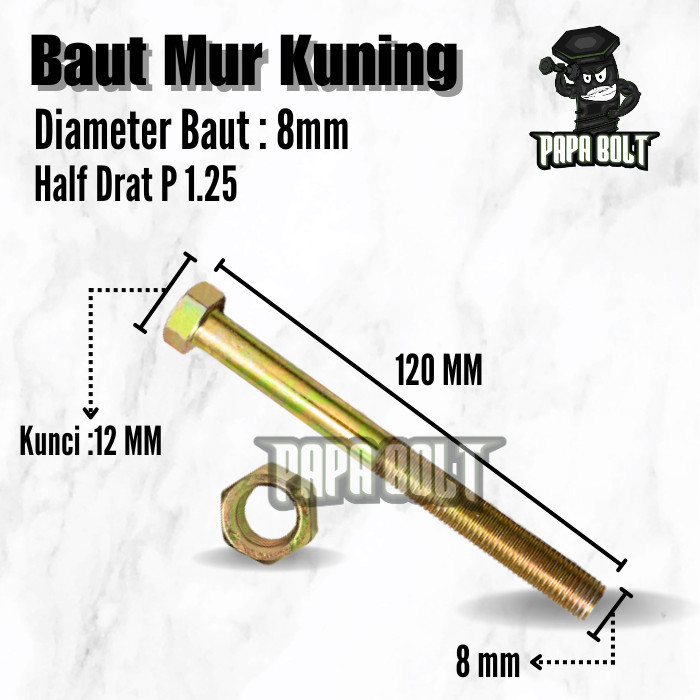 น็อตสลักเกลียวหกเหลี่ยมสีเหลือง BMK Hex M8x120 / 8x120 8mm กุญแจ 12 P1.25