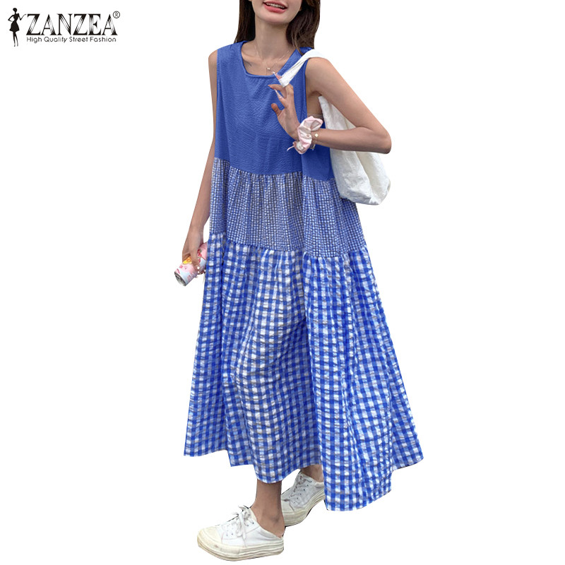 Zanzea ชุดเดรสลายสก๊อตแขนกุดคอกลมลําลองเกาหลีสําหรับผู้หญิง