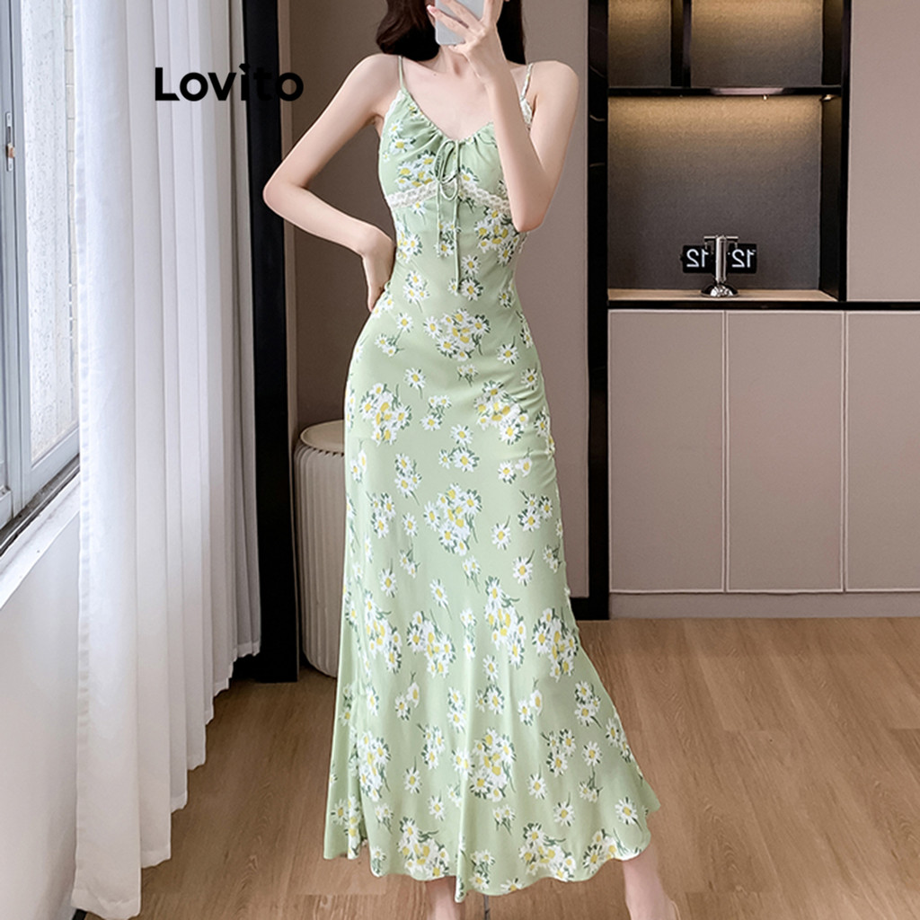 Lovito ชุดเดรสผู้หญิง แต่งลูกไม้ ผูกด้านหน้า ลายดอกไม้ สไตล์ลำลอง LNE65498