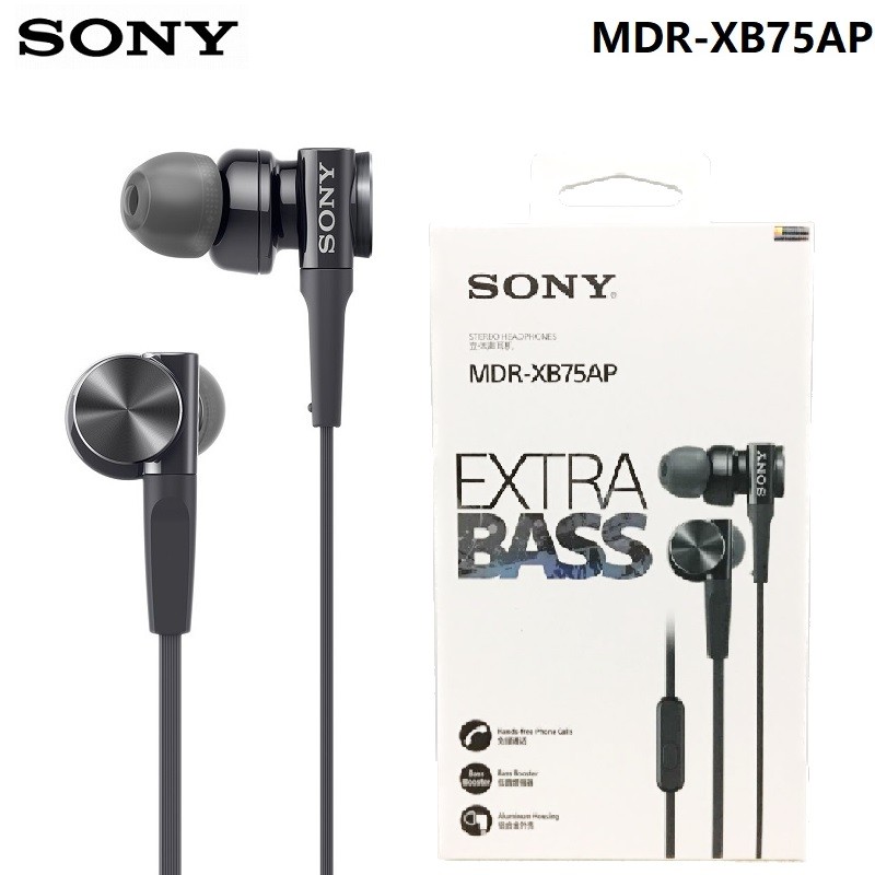 Sony MDR-XB75AP หูฟังชนิดใส่ในหู Deep Bass หูฟัง 3.5 มม.หูฟังสเตอริโอแบบมีสายหูฟังกีฬาชุดหูฟังแฮนด์ฟรีพร้อมไมโครโฟน