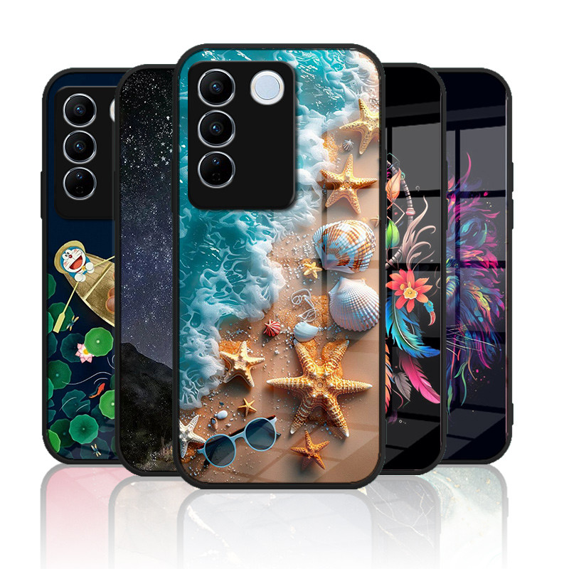 เคสกระจก VIVO V27 5g / V27pro 5g / V27e 4g เคสกระจกนิรภัยฮาร์ดฝาหลังขอบซิลิคอนอ่อน