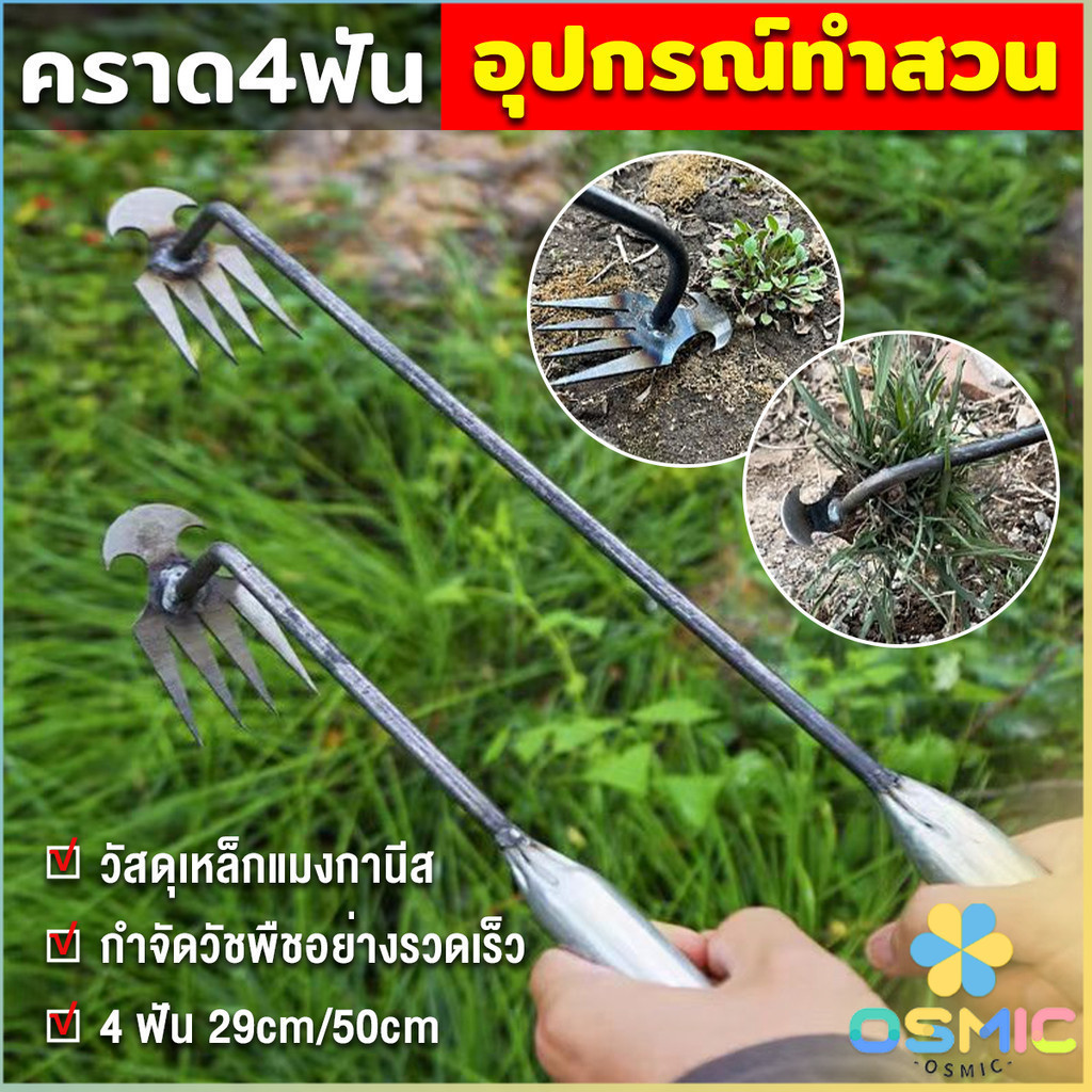 MIC คราดเก็บหญ้า แบบ mini อุปกรณ์ทำสวน  คราดเหล็ก หัวคู่จอบขุดดิน 4 ฟัน ขุดหญ้า ขุดดิน rake