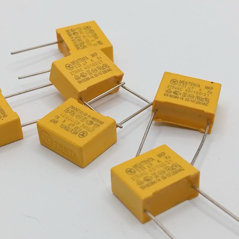Cโฟลี่ 330นาโน 275v แพ็ค5ชิ้น MEX/TENTA MKP 0.33 UF K X2 275VAC 40/100/21 EN 60384-14 03-10 25GVAC