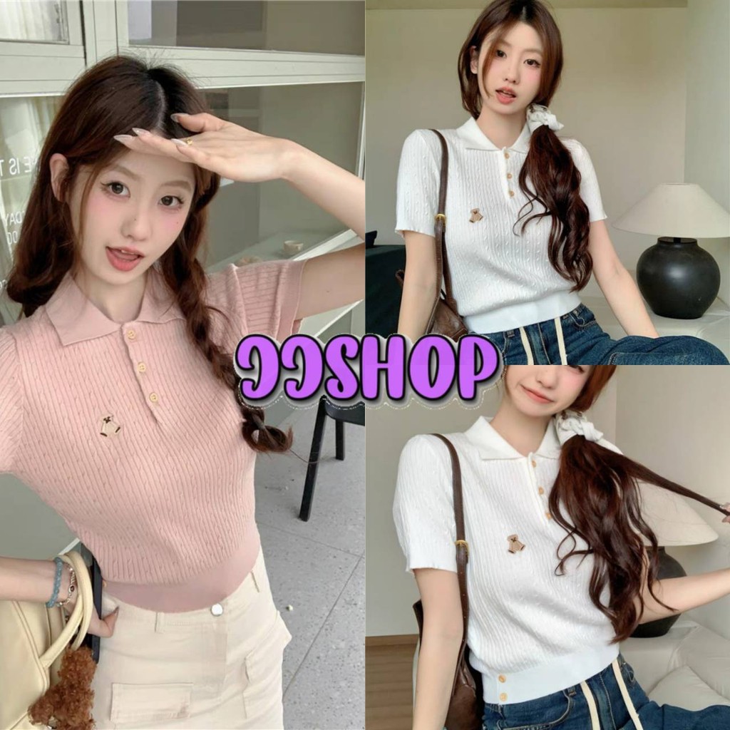 JJ Shop​ ​พร้อมส่ง เสื้อครอปไหมพรมแขนสั้นน่ารักมาก คอปก ผ้าร้องปักลายหมี สีพาสเทล "72063"