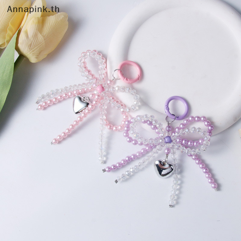 Annapink.th 1PC Handmade Pearl คริสตัลคู่โบว์รูปจี้พวงกุญแจเครื่องประดับลูกปัดที่ละเอียดอ่อนพวงกุญแจ DIY ตกแต่งสําหรับกระเป๋าโทรศัพท์ EN