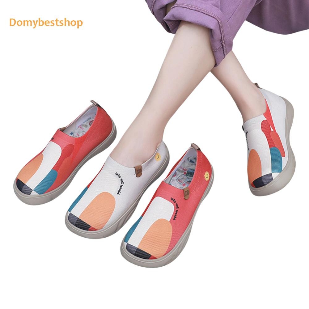 ผู้หญิง Slip-On Flats รอบ Toe ทาสีรองเท้าไม่มีส้น Anti Slip ดอกไม้ศิลปะรองเท้าผ้าใบ Breathable Casual เดินรองเท้าสําหรับเดินทางกลางแจ้ง [Domybestshop.th]