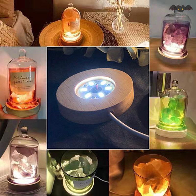 [PE] ฐานไฟไม้ 10 ซม. ไฟ LED แบบชาร์จไฟได้ Rotag ขาตั้งจอแสดงผลผู้ถือโคมไฟฐาน Art พร้อมอะแดปเตอร์ไฟ TH