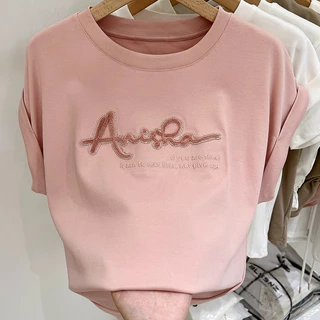 ข ผู้หญิงปักจดหมายแขนสั้นเสื้อยืดไหล่เต็มรอบคอรุ่นหลวม