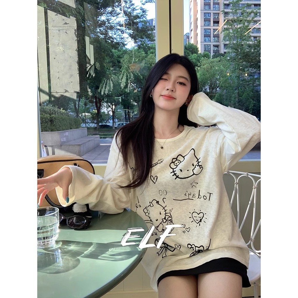 พิมพ์บางป้องกันแสงแดดเสื้อยืดผู้หญิงหลวมแขนยาวด้านบน