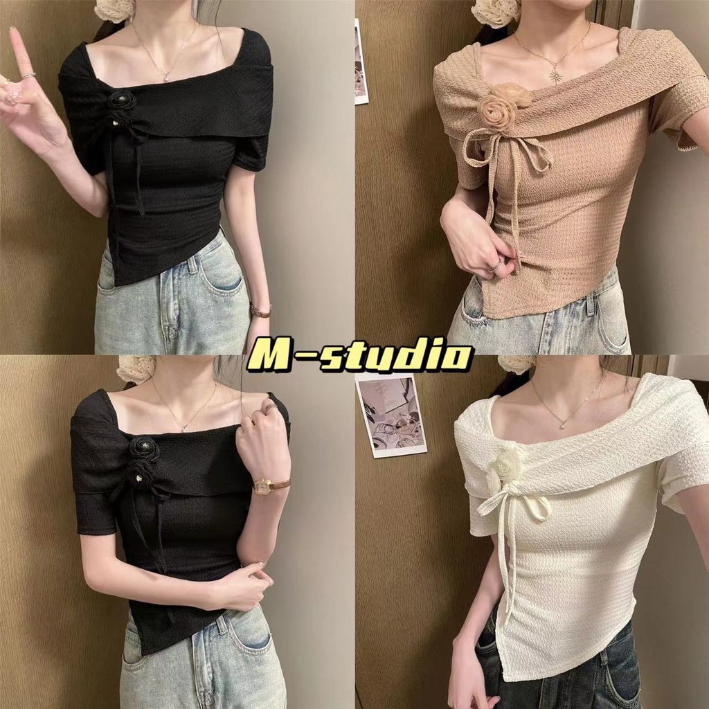 Mazeพร้อมส่งเสื้อไหมพรมแขนสั้นคอกว้าง