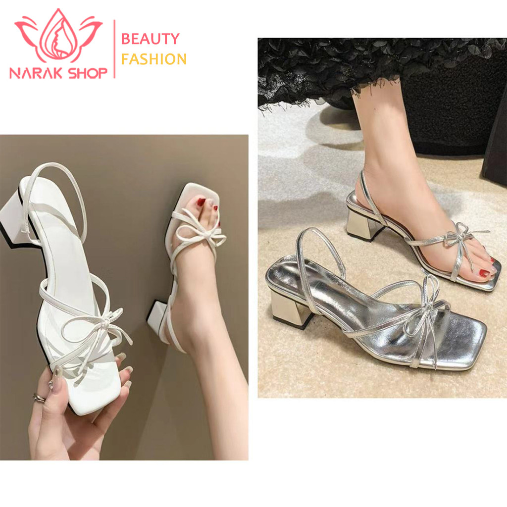รองเท้าส้นใหญ่สไตล์โบว์สำหรับฤดูร้อน ดีไซน์ใหม่ล่าสุด