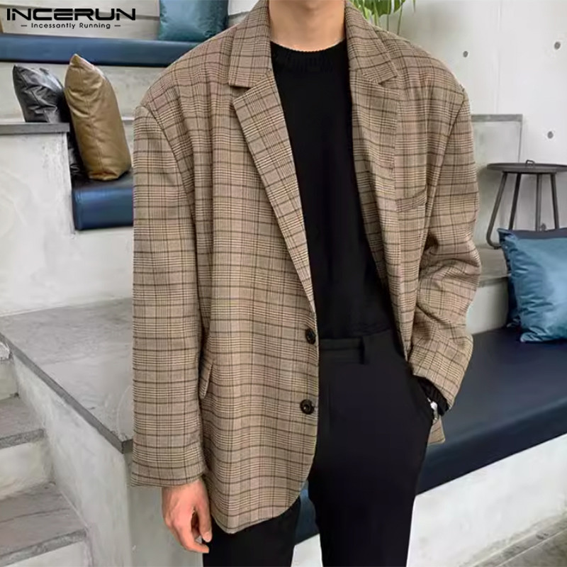 ไม่แน่นอน ผู้ชายการออกแบบลายตารางหมากรุกเกาหลีหลวมแขนยาวเสื้อลําลอง