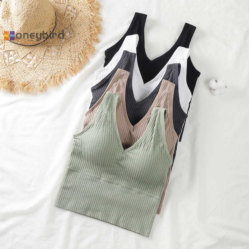Honeybird Bra Tops ฤดูร้อน V คอซี่โครง Crop Top ที่ถอดออกได้ Bra Pads Sleevelss สีทึบ Backless Sporty Bra Top Nice