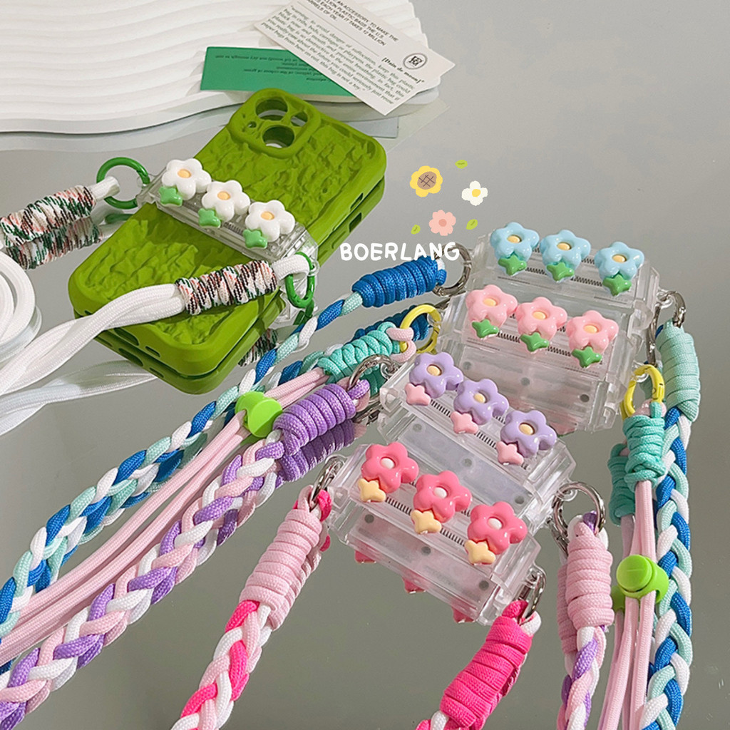 อินเทรนด์ Twist Braid เส้นทแยงมุมยาวเชือก Universal 3D สีชมพู Leaf ดอกไม้สีม่วงโทรศัพท์มือถือกลับคลิปอุปกรณ์เสริม