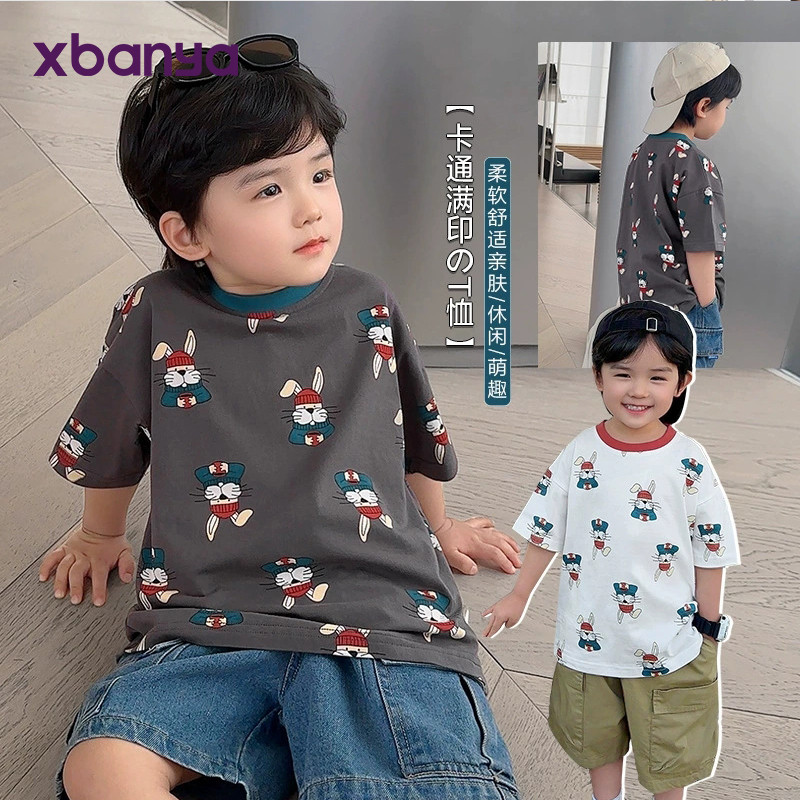 ชายเต็มพิมพ์เสื้อยืดแขนสั้นฤดูร้อนสไตล์ฤดูร้อนเสื้อผ้าฤดูร้อนเด็กทารกเสื้อผ้าเด็กครึ่งแขนด้านบนอินเทรนด์บางฤดูร้อน X4259