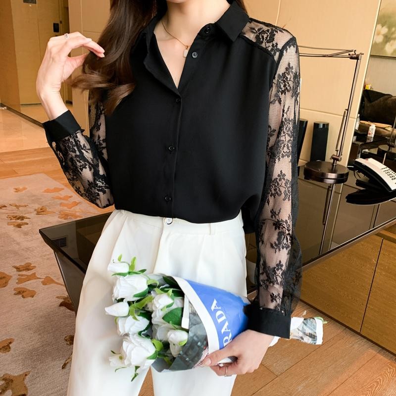 Lune_Graceเสื้อเชิ้ตแขนลูกไม้ ชีฟองแขนยาว ดีเทลตัดต่อผ้าลูกไม้ สวยหรูดูแพง เสื้อแฟชั่นผู้หญิงแนวเกาหลี-รุ่นW449