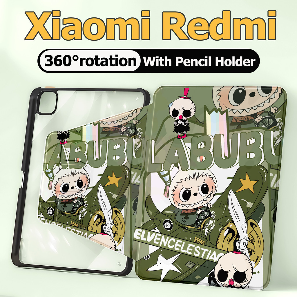 เคส Redmi pad SE 11 นิ้ว, เคส Xiaomi pad 5 6, Xiaomi pad 6 5 Pro และ Redmi pad 10.61/pad pro12.1 การหมุน 720° มาพร้อมถาดปากกา LABUBU เคสแท็บเล็ต Xiaomi/Redmi