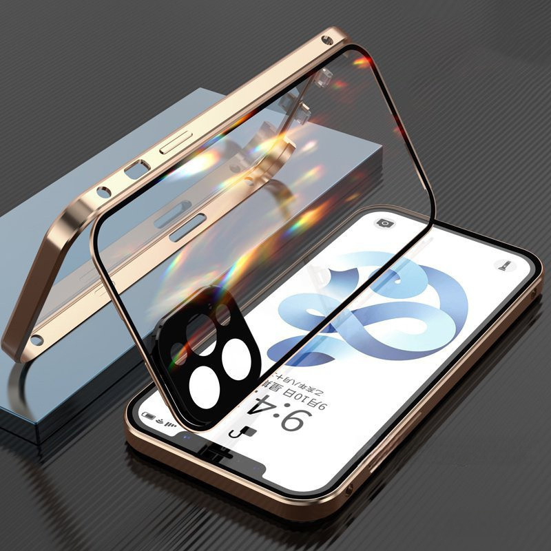 เคสโทรศัพท์โลหะแม่เหล็กกระจกสองด้านป้องกันสำหรับ iPhone 16 15 14 13 Pro Max PLUS กล้อง360ครอบคลุมเต็มรูปแบบการดูดซับหัวเข็มขัดล็อคความปลอดภัยเลนส์ปลอกกันฝุ่น
