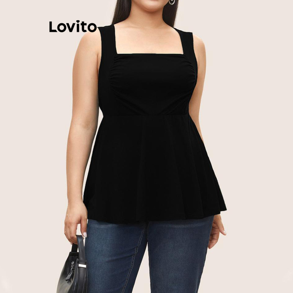 Lovito เสื้อแขนกุดสาวอวบ จีบย่น สีพื้น สไตล์ลำลอง LNL69311