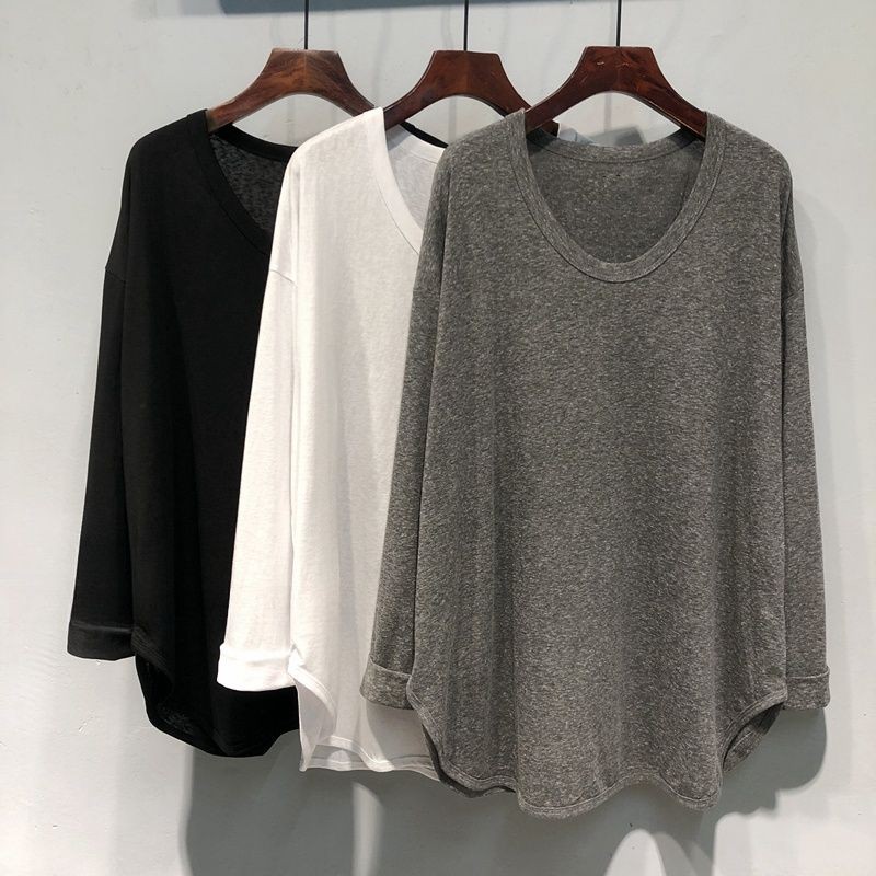 เสื้อยืด Oversize(40-150kg) ผู้หญิงเกาหลีเสื้อแขนยาวธรรมดา U คอ Plus ขนาดแฟชั่น T เสื้อ