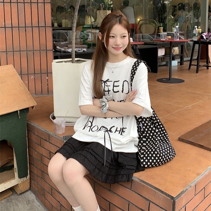 Luna Shop 🍒 เสื้อยืดทรงหลวม 🎇🎇 เสื้อแขนสั้นผูกโบว์อเนกประสงค์สไตล์เกาหลีลำลองและอ่อนโยนในสไตล์ขี้เกียจ - รูปที่ 2